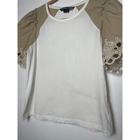 Veronica Beard Briana Embroidered Short-Puffed Sleeve Tee White & Light Khaki M - Picture 5 of 16